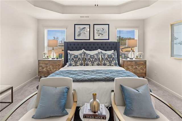 carpeted bedroom with multiple windows and a tray ceiling