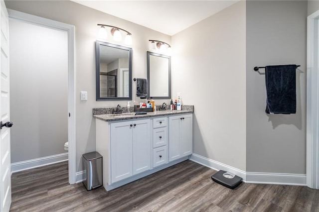 bathroom featuring toilet, vanity, and hardwood / wood-style flooring