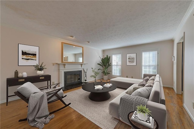 living room with ornamental molding, hardwood / wood-style floors, and a textured ceiling