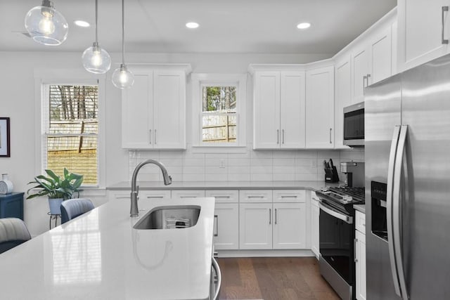 kitchen featuring a sink, stainless steel appliances, a healthy amount of sunlight, and dark wood-style flooring