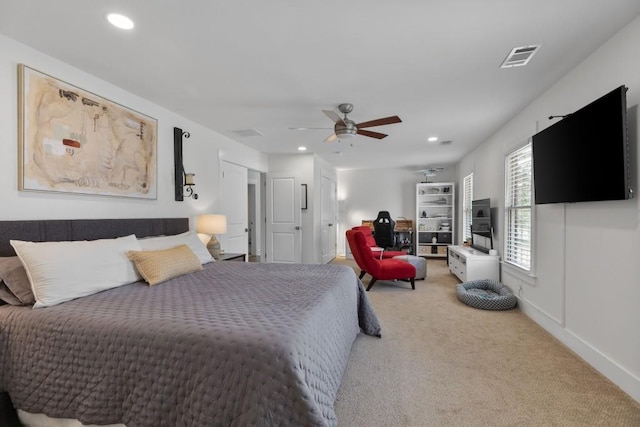 carpeted bedroom featuring visible vents, recessed lighting, baseboards, and ceiling fan