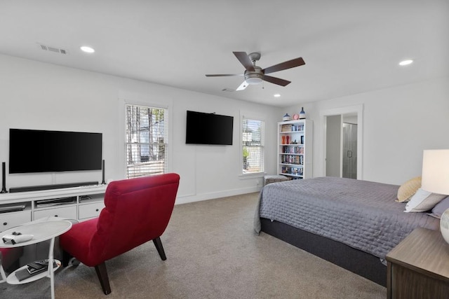 bedroom featuring recessed lighting, visible vents, carpet floors, and multiple windows