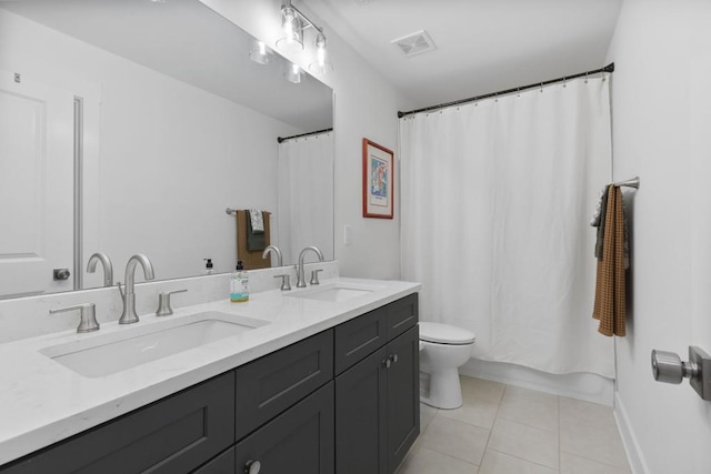 full bath with tile patterned flooring, visible vents, toilet, and a sink