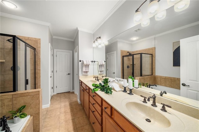 bathroom featuring visible vents, ornamental molding, a stall shower, a sink, and a bath