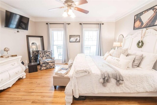 3 Westridge Pl, Rome, GA 30165 - bedroom with light hardwood / wood-style flooring, ornamental molding, and ceiling fan