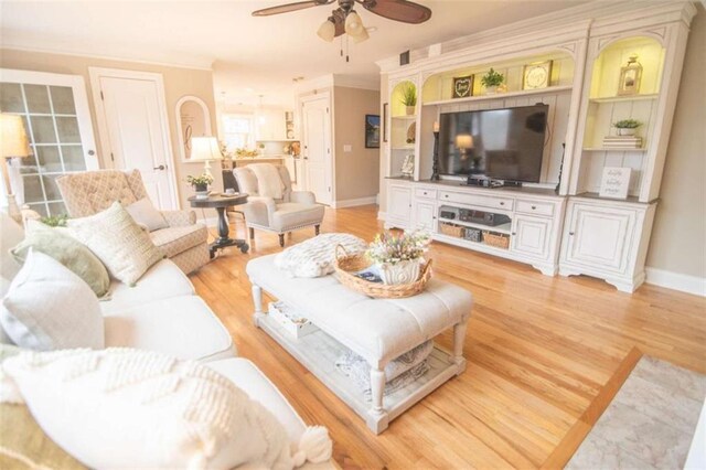 3 Westridge Pl, Rome, GA 30165 - living room with crown molding, light hardwood / wood-style floors, and ceiling fan