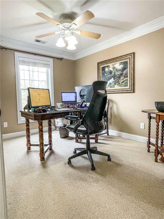 3 Westridge Pl, Rome, GA 30165 - home office featuring carpet floors, ornamental molding, and ceiling fan