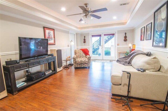 3 Westridge Pl, Rome, GA 30165 - living room featuring hardwood / wood-style flooring, ceiling fan, a tray ceiling, ornamental molding, and french doors