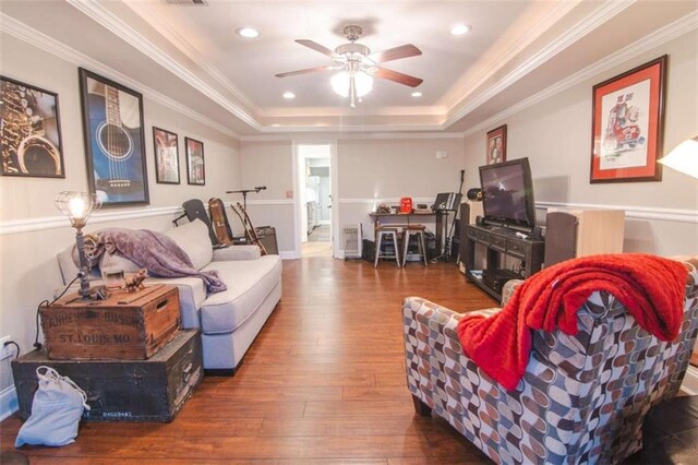 3 Westridge Pl, Rome, GA 30165 - living room with a raised ceiling, ornamental molding, dark hardwood / wood-style floors, and ceiling fan