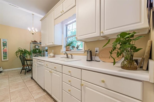 kitchen featuring white cabinetry, dishwasher, hanging light fixtures, and sink