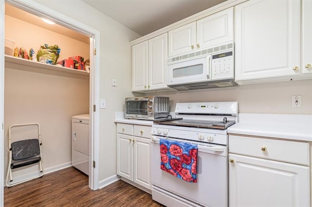 kitchen featuring washer / clothes dryer, white cabinetry, dark hardwood / wood-style floors, and white appliances