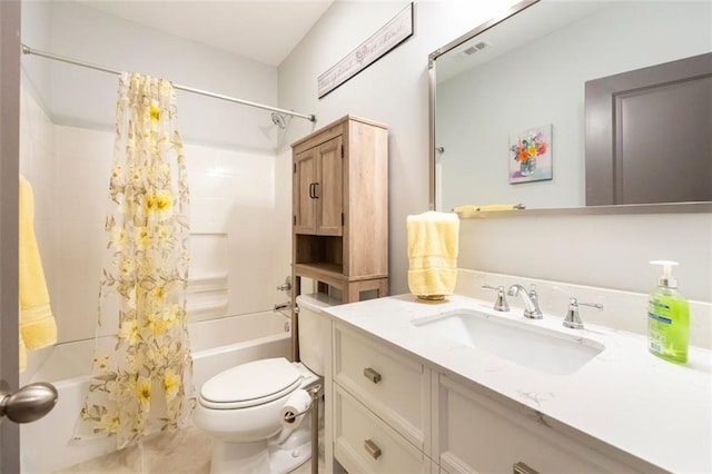 full bathroom with vanity, shower / bathtub combination with curtain, and toilet