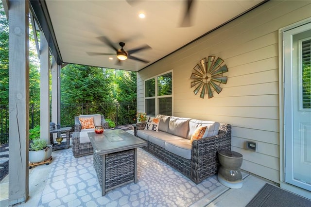 view of patio with an outdoor hangout area and ceiling fan