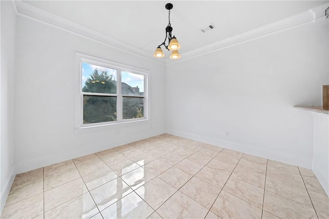 unfurnished dining area featuring a notable chandelier, light tile patterned floors, and crown molding