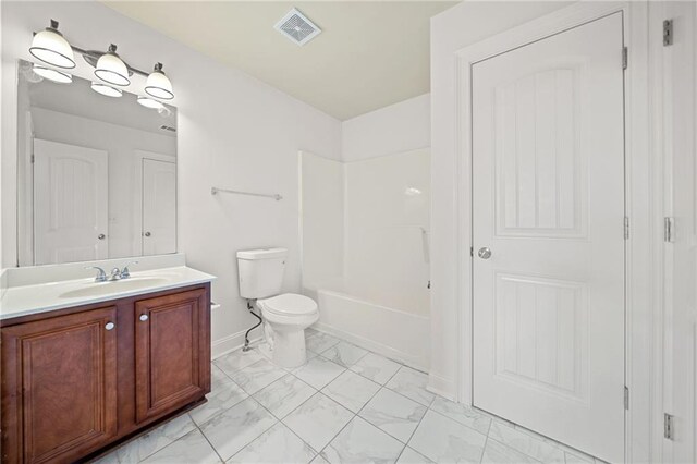 full bathroom featuring vanity, toilet, and shower / washtub combination