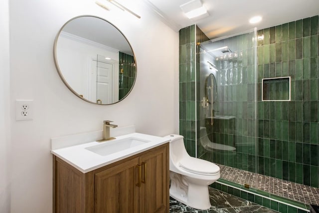 bathroom with vanity, a shower with shower door, ornamental molding, and toilet