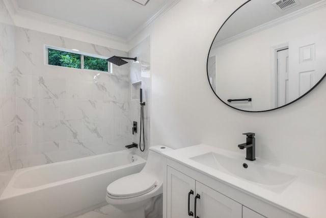 full bathroom with vanity, toilet, crown molding, and tiled shower / bath