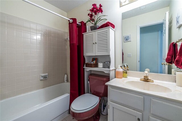 full bathroom featuring vanity, tile patterned flooring, toilet, and shower / tub combo with curtain