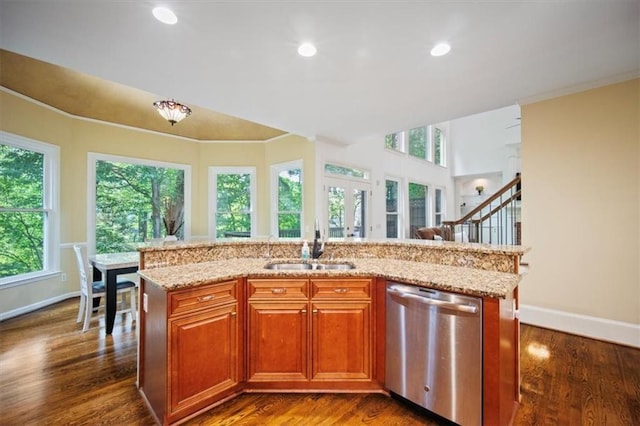 385 Guildhall Grv, Johns Creek, GA 30022 - kitchen with dishwasher, a sink, baseboards, light stone counters, and recessed lighting