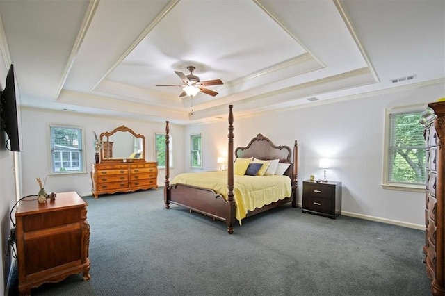 385 Guildhall Grv, Johns Creek, GA 30022 - bedroom featuring a tray ceiling, carpet flooring, ceiling fan, and baseboards