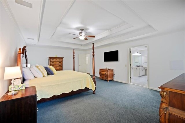 385 Guildhall Grv, Johns Creek, GA 30022 - carpeted bedroom featuring a raised ceiling, crown molding, ensuite bath, baseboards, and a ceiling fan