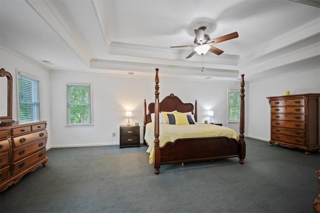 385 Guildhall Grv, Johns Creek, GA 30022 - carpeted bedroom with ornamental molding, a tray ceiling, a ceiling fan, and baseboards