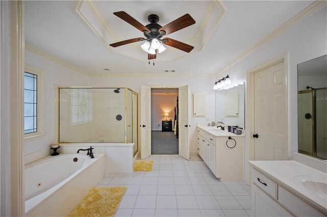 385 Guildhall Grv, Johns Creek, GA 30022 - full bathroom with a shower stall, tile patterned floors, crown molding, a ceiling fan, and a bath