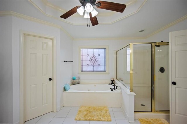 385 Guildhall Grv, Johns Creek, GA 30022 - bathroom with a stall shower, a jetted tub, a ceiling fan, tile patterned floors, and crown molding