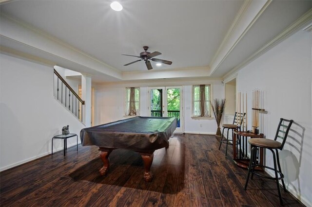 385 Guildhall Grv, Johns Creek, GA 30022 - rec room with hardwood / wood-style floors, a raised ceiling, a ceiling fan, billiards table, and crown molding
