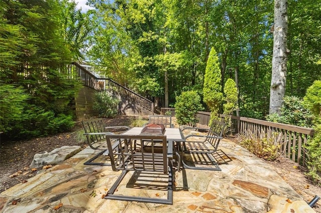 385 Guildhall Grv, Johns Creek, GA 30022 - view of patio / terrace featuring outdoor dining space and stairway