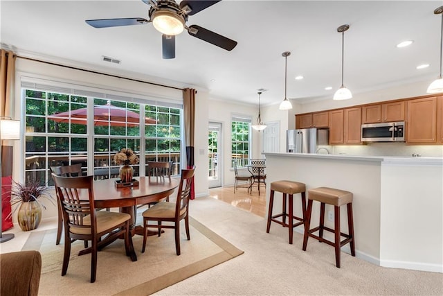 3733 Chattahoochee Summit Dr SE Unit 7, Atlanta, GA 30339 - dining area featuring a ceiling fan, light colored carpet, recessed lighting, and ornamental molding