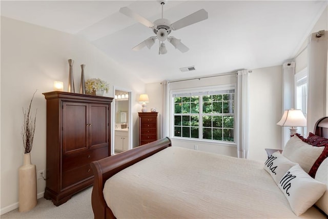 3733 Chattahoochee Summit Dr SE Unit 7, Atlanta, GA 30339 - bedroom with light colored carpet, vaulted ceiling, ceiling fan, and ensuite bathroom