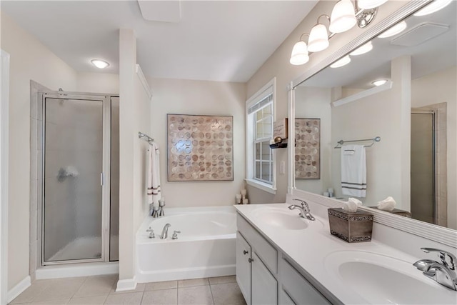 3733 Chattahoochee Summit Dr SE Unit 7, Atlanta, GA 30339 - bathroom with a stall shower, tile patterned flooring, a bath, and double vanity
