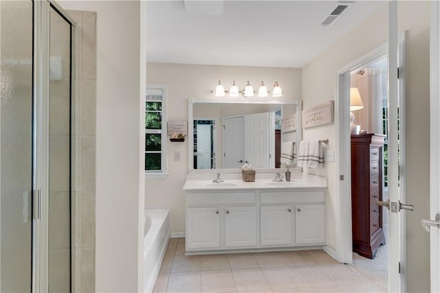 3733 Chattahoochee Summit Dr SE Unit 7, Atlanta, GA 30339 - full bathroom with double vanity, a bath, tile patterned floors, and a shower with shower door