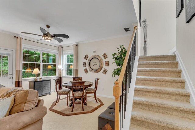 3733 Chattahoochee Summit Dr SE Unit 7, Atlanta, GA 30339 - carpeted dining room featuring a ceiling fan, ornamental molding, and stairway