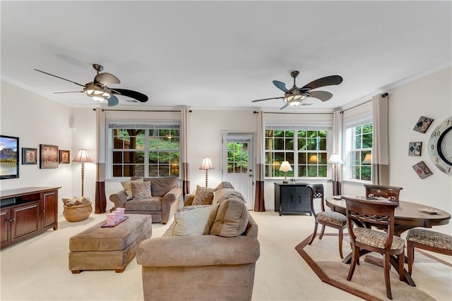 3733 Chattahoochee Summit Dr SE Unit 7, Atlanta, GA 30339 - living room featuring ceiling fan, ornamental molding, and light carpet