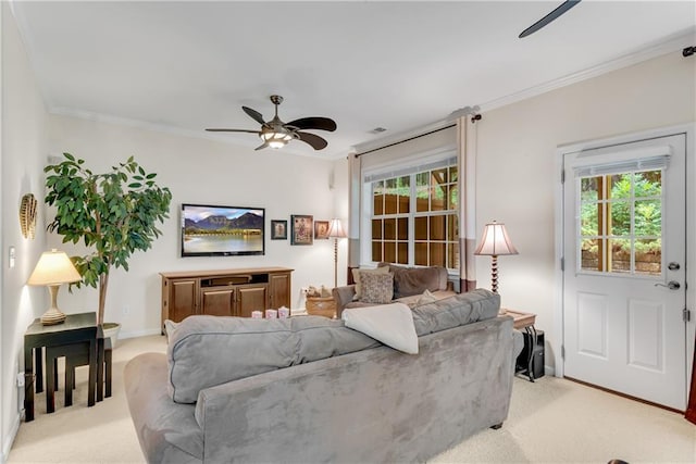 3733 Chattahoochee Summit Dr SE Unit 7, Atlanta, GA 30339 - living room featuring a ceiling fan, light colored carpet, and ornamental molding