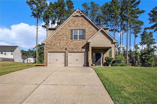 craftsman-style home featuring a front lawn and a garage