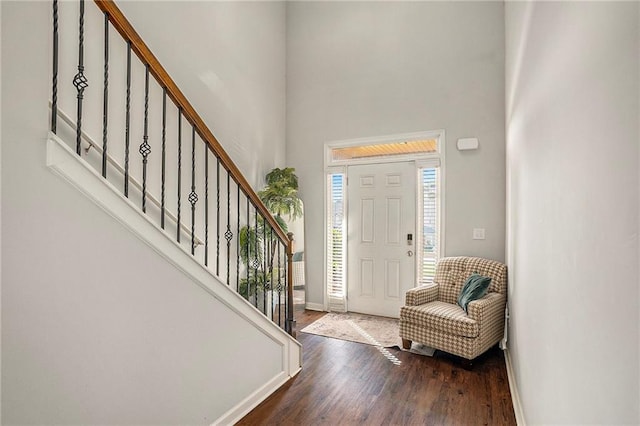 foyer entrance featuring dark wood-type flooring and a towering ceiling