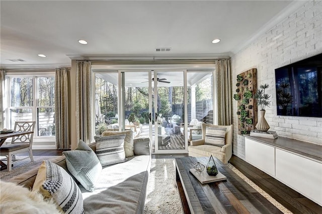 living room with a healthy amount of sunlight, dark wood-type flooring, and ornamental molding