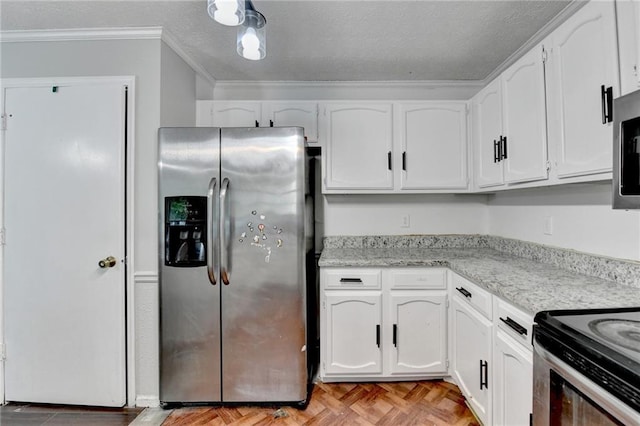 2121 Crescentview Dr, Lawrenceville, GA 30044 - kitchen with stainless steel appliances, ornamental molding, white cabinets, light stone countertops, and a textured ceiling