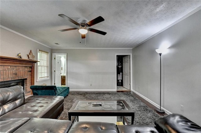 2121 Crescentview Dr, Lawrenceville, GA 30044 - carpeted living area with ceiling fan, baseboards, water heater, a fireplace, and ornamental molding