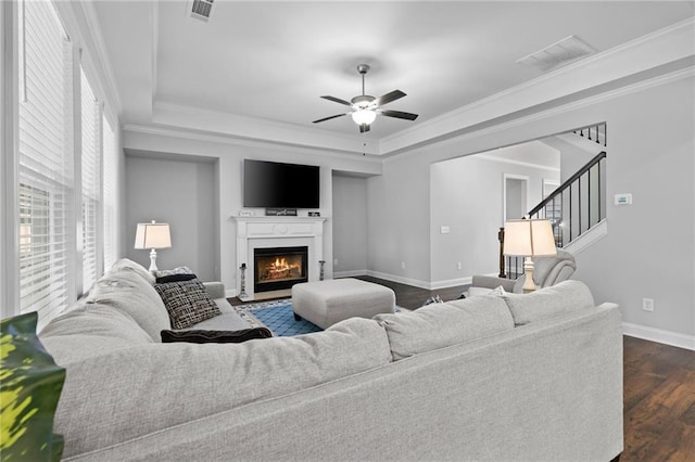 5116 Chastain Way, Gainesville, GA 30507 - living area featuring a raised ceiling, a ceiling fan, baseboards, dark wood finished floors, and stairway