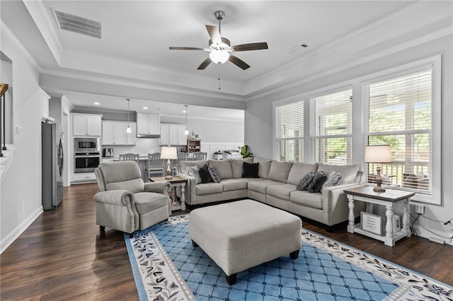 5116 Chastain Way, Gainesville, GA 30507 - living area featuring a ceiling fan, dark wood-type flooring, crown molding, a tray ceiling, and recessed lighting