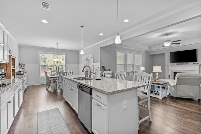 5116 Chastain Way, Gainesville, GA 30507 - kitchen with a sink, stainless steel dishwasher, a kitchen breakfast bar, a ceiling fan, and white cabinets