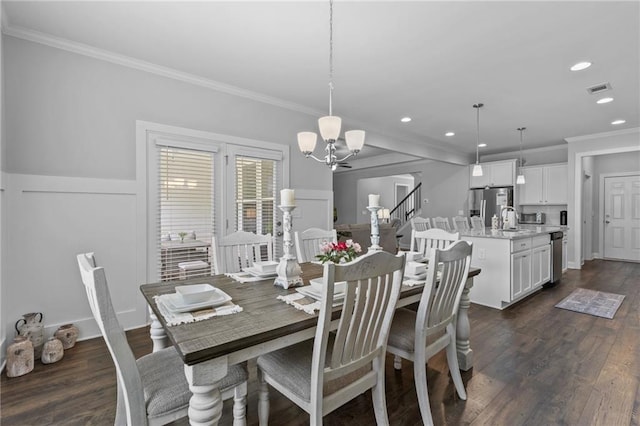 5116 Chastain Way, Gainesville, GA 30507 - dining room with a chandelier, crown molding, recessed lighting, dark wood finished floors, and stairway