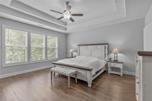 5116 Chastain Way, Gainesville, GA 30507 - bedroom with a raised ceiling, baseboards, dark wood-style floors, ceiling fan, and ornamental molding