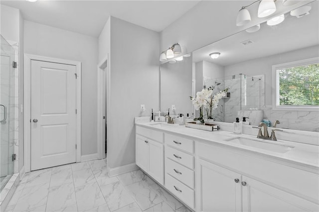 5116 Chastain Way, Gainesville, GA 30507 - bathroom with a marble finish shower, double vanity, and marble look tiles