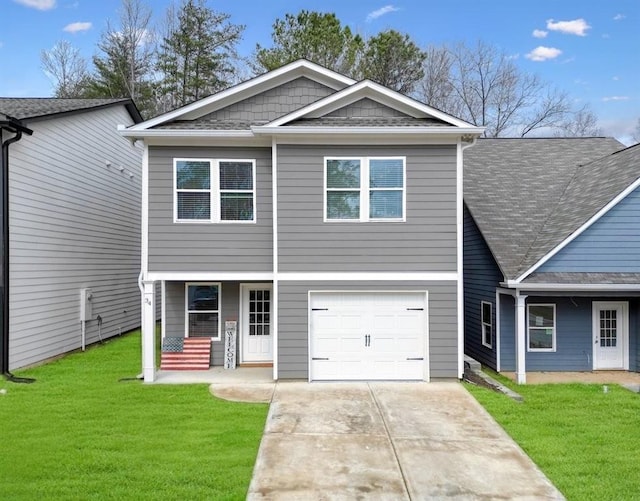 view of front of property featuring an attached garage, a shingled roof, a front lawn, and concrete driveway