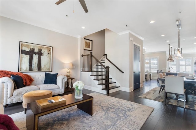 living area featuring recessed lighting, stairs, ceiling fan, wood-type flooring, and baseboards